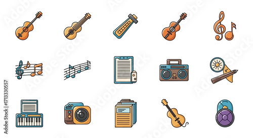 Vibrant collection of musical instruments and creative tools for dynamic art and sound projects