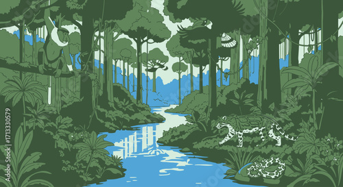 Lush Tropical Jungle Illustration Featuring a Flowing River and Wildlife, Suitable for Nature Conservation and Environmental Awareness Projects
