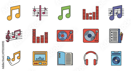 Vibrant music icons and audio equipment for creative projects and promotions