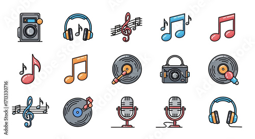 Vibrant collection of modern music icons for creative projects and media