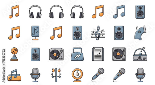 Dynamic music icons set for modern audio, entertainment, and creative projects