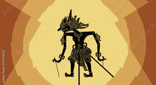 Detailed Wayang Kulit Shadow Puppet Illustration Showcasing Traditional Javanese Art and Cultural Heritage, Suitable for Educational Materials and Cultural Presentations