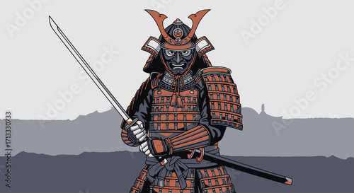 Fierce Samurai Warrior Illustration with Katana Sword and Detailed Armor, Ideal for Historical Art, Gaming, or Cultural Representation Projects