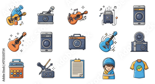 Vibrant icons showcase guitars, speakers, microphones, and creative tools for music and design projects.