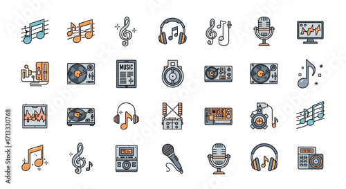 Dynamic music icons capturing rhythm, sound, and creative audio production for modern design