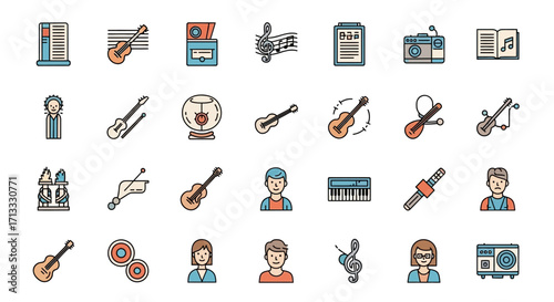 Vibrant music icons and creative symbols for a dynamic audio and entertainment collection