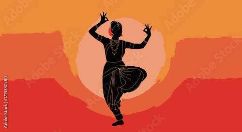 Indian Classical Dancer Silhouette Against a Vibrant Sunset, Representing Cultural Heritage and Artistic Expression for Performance Art and Traditional Dance