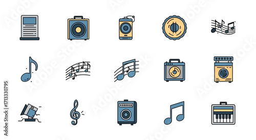 Vibrant music icons featuring speakers, notes, and keyboards for dynamic audio and entertainment projects