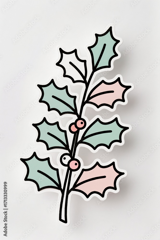 Fototapeta premium a Minimal holly branch line art with pastel tones, trendy design, white background