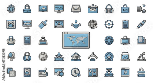 Modern business and technology icons symbolizing global connectivity, data analysis, and innovation