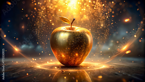 Golden apple glows with magical light and sparkling particles