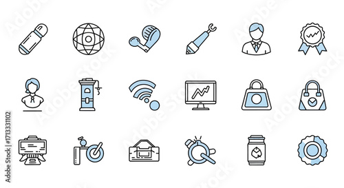Modern flat icons representing business, technology, and lifestyle concepts for design projects.