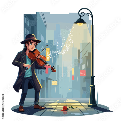 Sad man playing violin on a city street at night