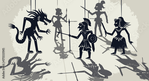 Shadow Puppet Show Depicting a Mythological Battle Scene with Warrior, Dragon, and Female Figures for Theatrical Performances and Cultural Storytelling