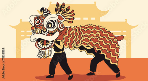 Vibrant Chinese New Year Lion Dance Illustration Depicting Cultural Celebrations and Festive Traditions for Graphic Design Projects and Holiday Promotions