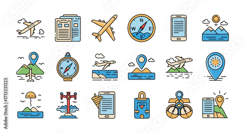 Explore the world with these vibrant travel icons featuring airplanes, compasses, maps, and destinations.