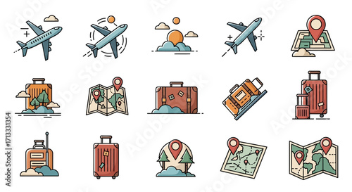 Seamless travel icons featuring airplanes, luggage, and maps for adventure and vacation planning