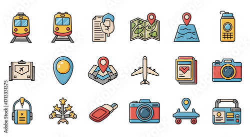 Unlock your next adventure with travel icons for planning, journeys, and capturing memories.