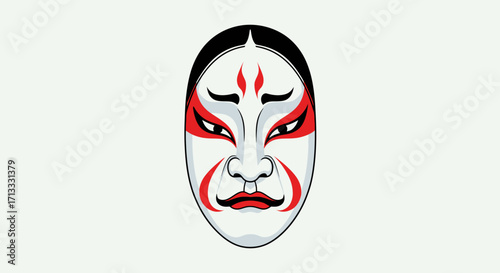 Japanese Kabuki Mask Illustration Featuring Traditional Kumadori Makeup, Ideal for Cultural Events, Theatrical Performances, and Artistic Design Projects.