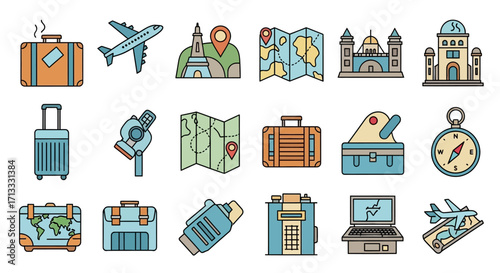 Embark on adventure with these vibrant travel icons including planes, luggage, maps, and famous landmarks.