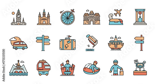 Exciting global travel destinations and adventure icons for your next journey