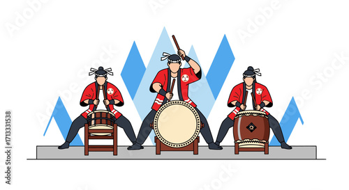 Dynamic Taiko Drummers Performance Illustration for Cultural Events, Festivals, and Educational Materials Showcasing Japanese Traditional Music