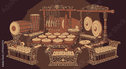 Intricate Gamelan Orchestra Illustration Showcasing Traditional Indonesian Musical Instruments and Cultural Heritage for Educational Materials and Artistic Representations.