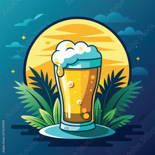 Refreshing Beer Glass with Tropical Leaves and Moon