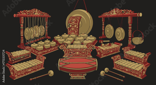 Intricate Gamelan Ensemble Illustration Showcasing Traditional Indonesian Musical Instruments for Cultural and Artistic Representation