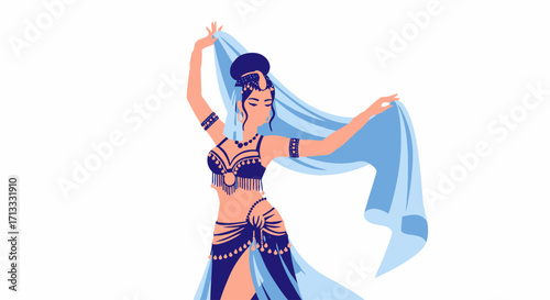 Graceful Belly Dancer in Traditional Costume with Flowing Veil for Cultural Performances and Dance Studio Promotional Materials.