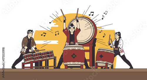 Energetic Taiko Drum Performance Illustration Showcasing Traditional Japanese Music and Cultural Festival Celebrations. Ideal for event posters, educational materials, or travel promotions.