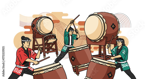Energetic Taiko Drummers Performing a Traditional Japanese Festival Rhythm. Suitable for illustrating cultural events, music education, and promoting Asian traditions.