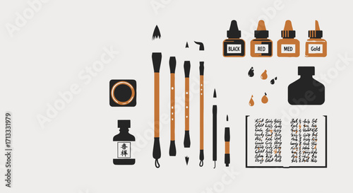 Artistic stationery set with brushes, ink bottles, and notebook, showcasing creative tools for drawing, calligraphy, and artistic expression, suitable for educational materials and tutorials.