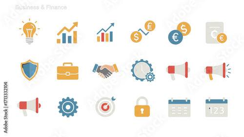 Collection of business and finance icons including charts and currency symbols in a flat design style