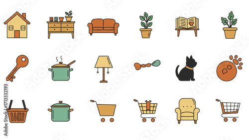 Illustration showing house, furniture, plants, pet items, and shopping carts in a cartoon style