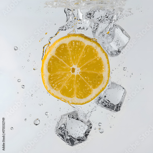 A perfectly sliced ​​lemon hanging in the air with water droplets splashing around it against a dark dramatic background.