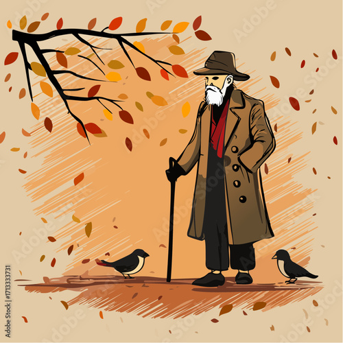 elderly japanese man feeding sparrows in autumn park with watercolor and acrylic accents