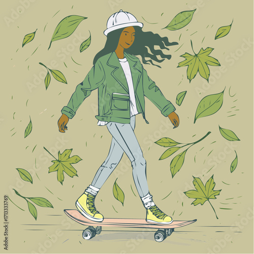 black teenage girl skating through leaves with acrylic and marker accents