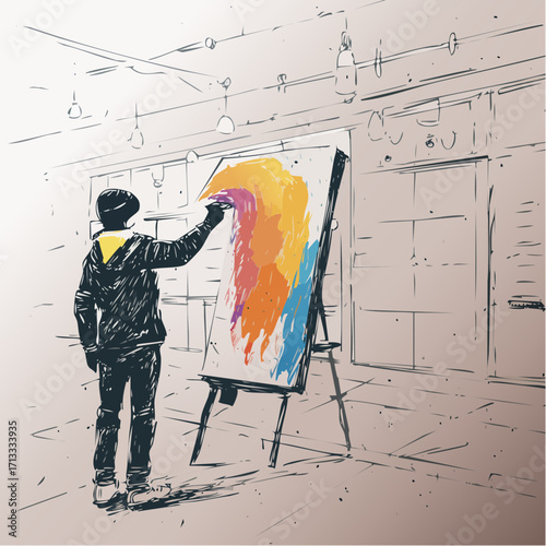 street artist painting café mural with acrylic splatter and watercolor drips