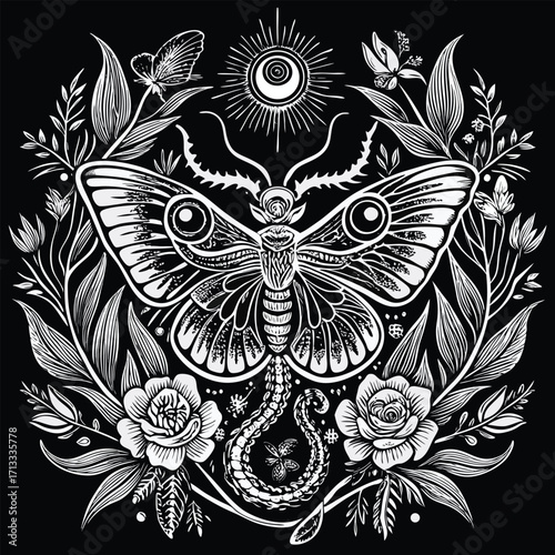 Black and White Moth Surrounded by Floral Elements