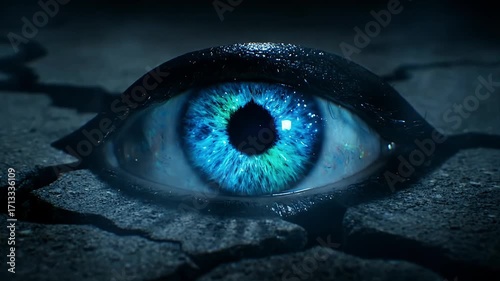 Close-up of a Mesmerizing Blue and Green Human Eye Embedded in Dark Cracked Ground