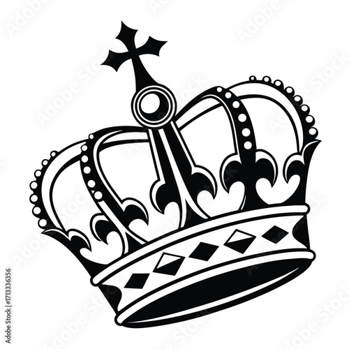 Black and white graphic of a royal crown with a circular emblem and a cross royalty king