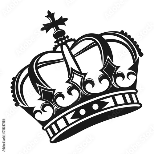 Black and white vector art of a royal crown with geometric patterns and a cross royalty king