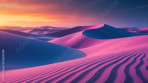 Photorealistic wide landscape of undulating sand dunes with vertical striated patterns in vibrant magenta, purple, blue, and orange hues against a gradient sunset to indigo sky