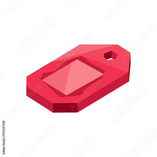 Vibrant red isometric polygonal tag or label with a central raised area and a keyhole cutout, ideal for pricing, identification, or digital design elements in a modern graphic style.