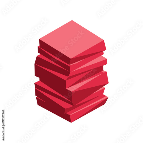 Isometric illustration of a tall, uneven stack of vibrant red rectangular blocks, symbolizing a heavy workload, documents, or abstract data files.
