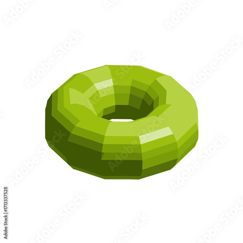 Abstract low poly green 3D torus shape with faceted surfaces, a modern geometric digital art illustration isolated on a clean white background.