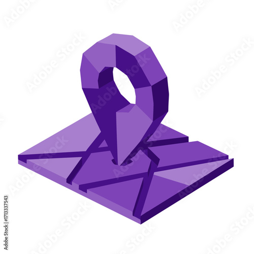 Isometric 3D illustration of a stylized purple map with a prominent location pin, symbolizing navigation, travel, and pinpointing destinations on a digital interface.