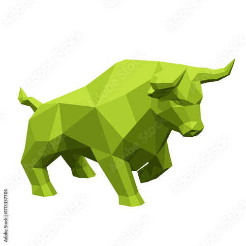 Vibrant green low-polygon bull illustration, a powerful and dynamic geometric animal design representing strength and finance.