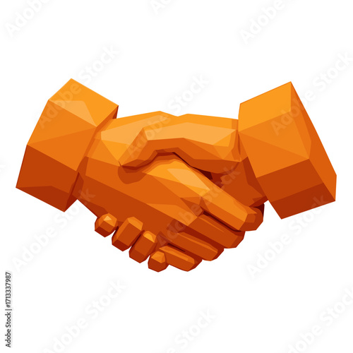 Stylized polygonal handshake in vibrant orange, representing a successful business deal, teamwork, mutual trust, and a strong professional connection.